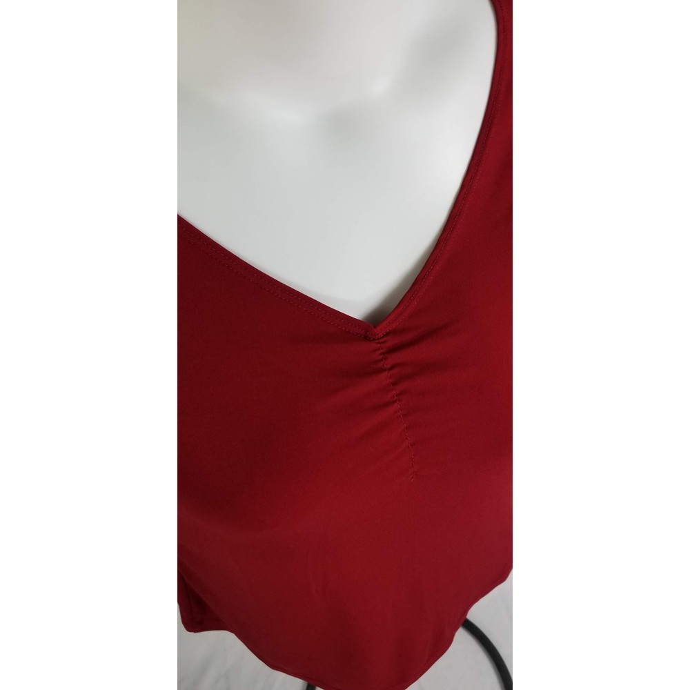 Deep red business top w/ V-neck & sheering